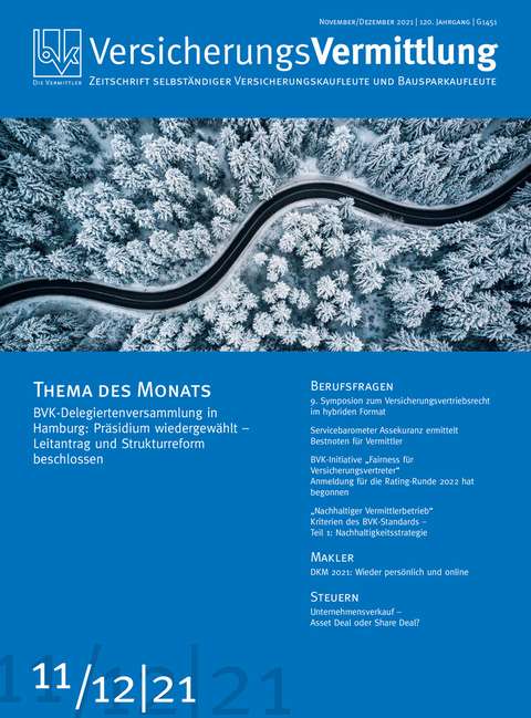 Cover der BVK Mitgliederzeitschrift VersicherungsVermittlung Ausgabe 11/12 | 2021