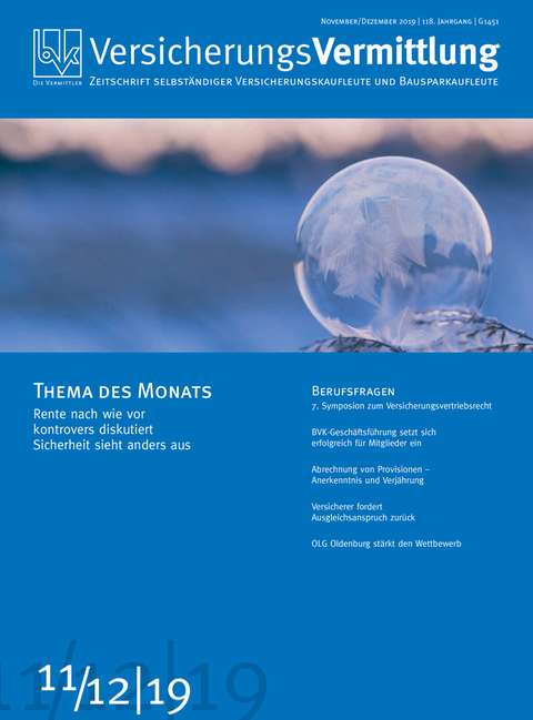 Cover der BVK Mitgliederzeitschrift VersicherungsVermittlung Ausgabe 11/12 | 2019