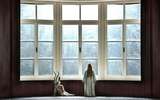 Eine Person in einem langen Kleid steht und blickt aus einem großen, gewölbten Fenster mit Milchglasscheiben. Neben ihr sitzt eine Gestalt mit spitzer Maske und Robe auf der Fensterbank. Sonnenlicht fällt durch das Fenster und wirft einen sanften Schein hinein.