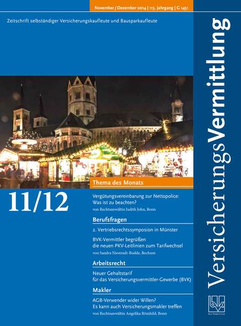 Cover der BVK Mitgliederzeitschrift VersicherungsVermittlung Ausgabe 11/12 | 2014