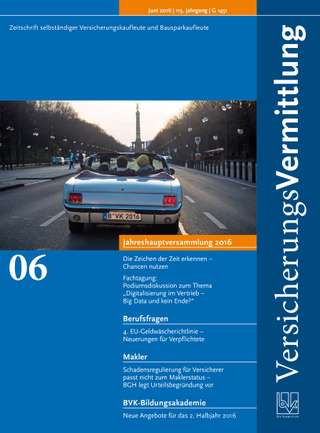 Cover der BVK Mitgliederzeitschrift VersicherungsVermittlung Ausgabe Juni | 2016