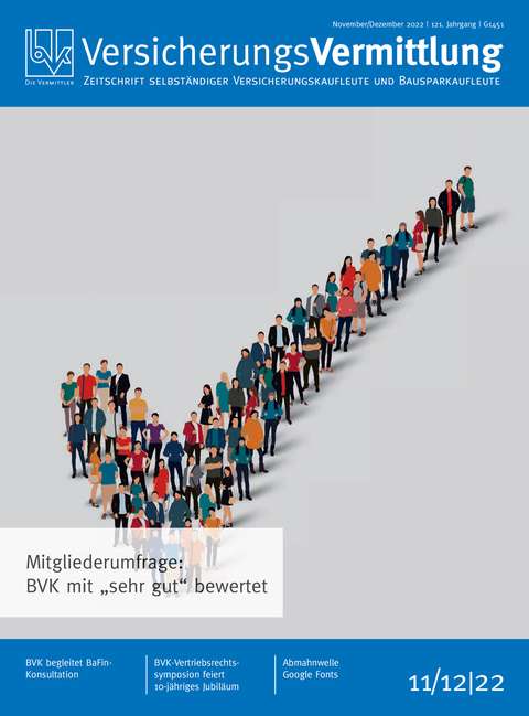 Cover der BVK Mitgliederzeitschrift VersicherungsVermittlung Ausgabe 11/12 | 2022