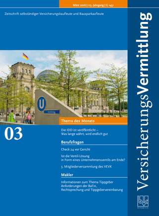 Cover der BVK Mitgliederzeitschrift VersicherungsVermittlung Ausgabe März | 2016