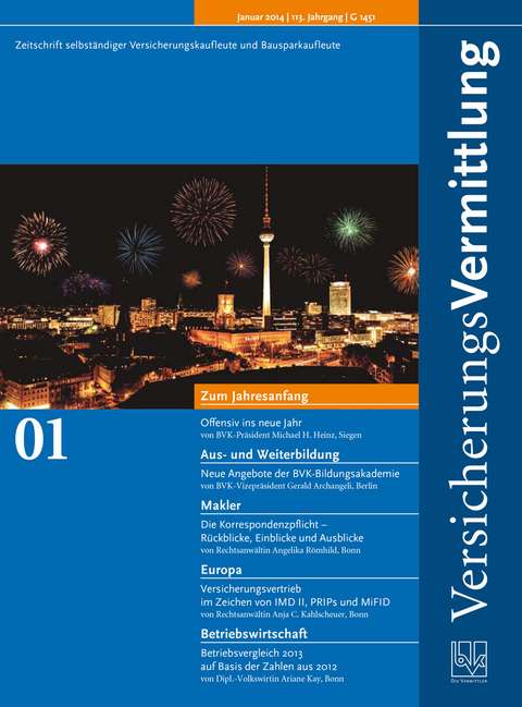 Cover der BVK Mitgliederzeitschrift VersicherungsVermittlung Ausgabe 1 | 2014