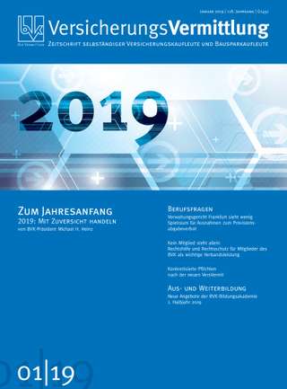 Cover der BVK Mitgliederzeitschrift VersicherungsVermittlung Ausgabe Januar | 2019