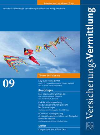 Cover der BVK Mitgliederzeitschrift VersicherungsVermittlung Ausgabe September | 2014