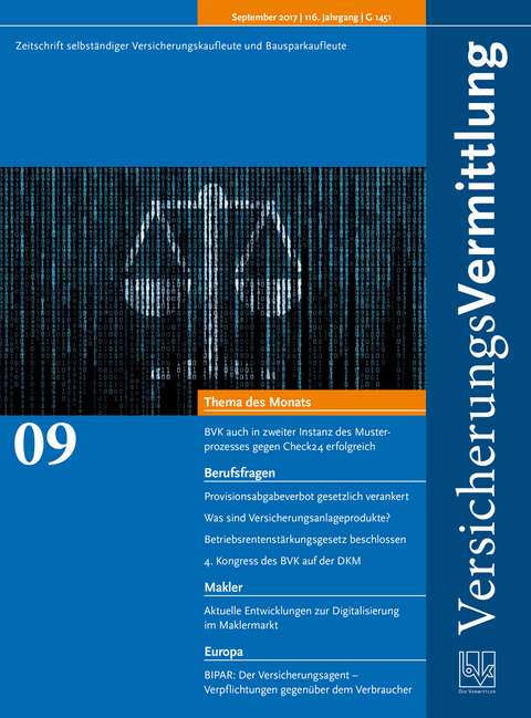 Cover der BVK Mitgliederzeitschrift VersicherungsVermittlung Ausgabe 9 | 2017