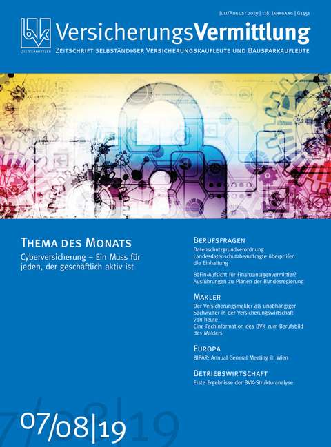 Cover der BVK Mitgliederzeitschrift VersicherungsVermittlung Ausgabe 7/8 | 2019
