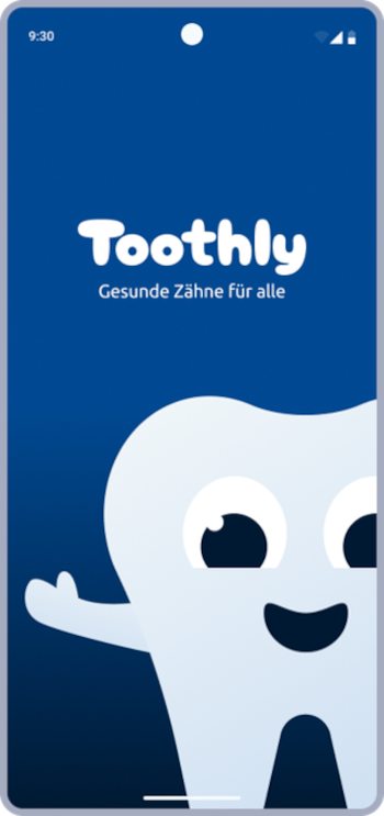 Ansicht der Startseite der App auf einem Smartophone: Ein großer weißer Zahn strahlt vom Bildschirm entgegen.