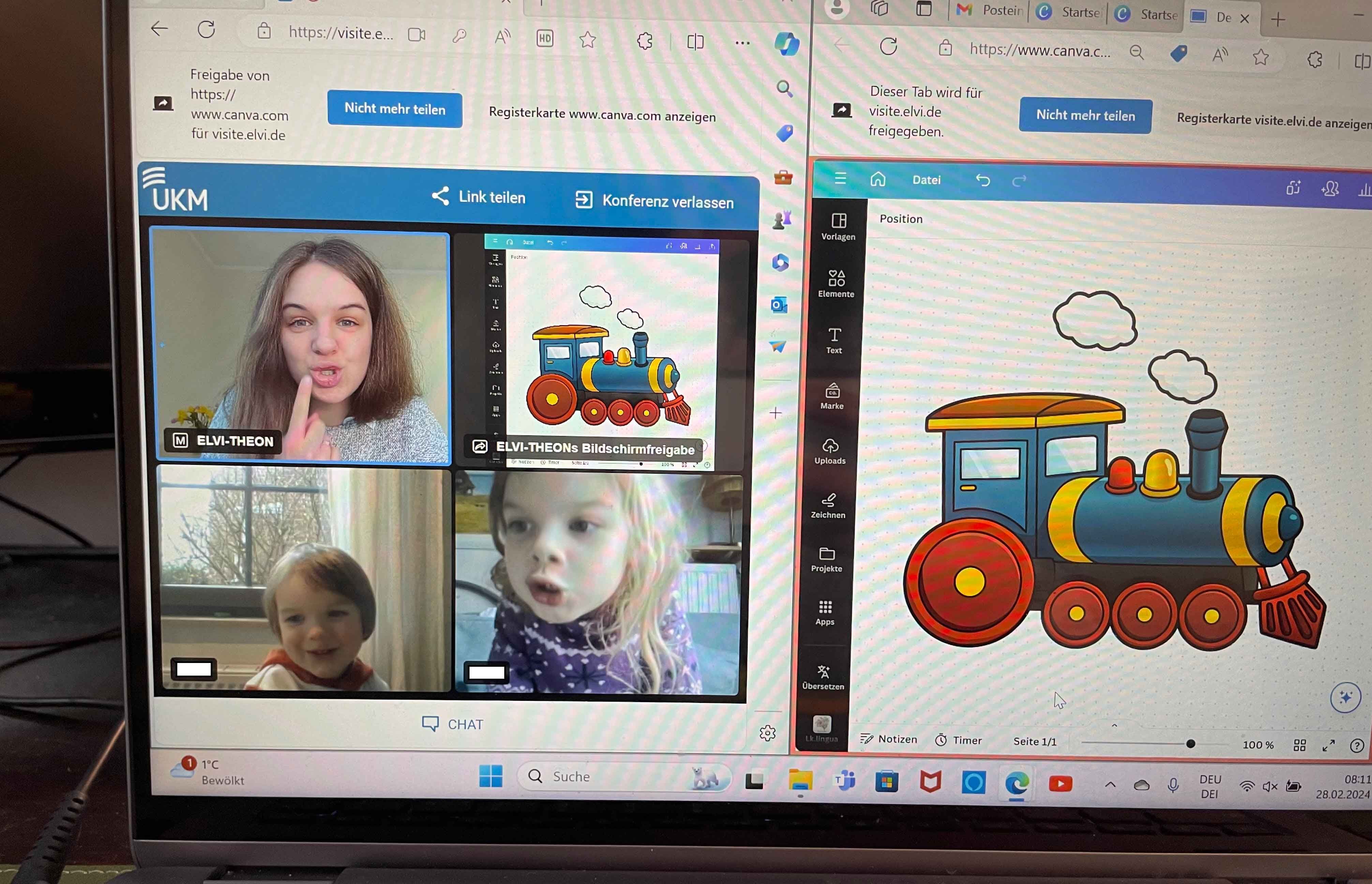 Screenshot eines Laptops während einer Online-Gruppentherapie mit zwei Kindern und einer Therapeutin.