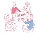Illustration of four young people sitting around a table which says 'Learning' on it