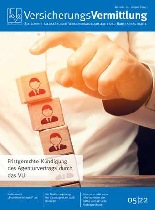 Cover der BVK Mitgliederzeitschrift VersicherungsVermittlung Ausgabe Mai | 2022