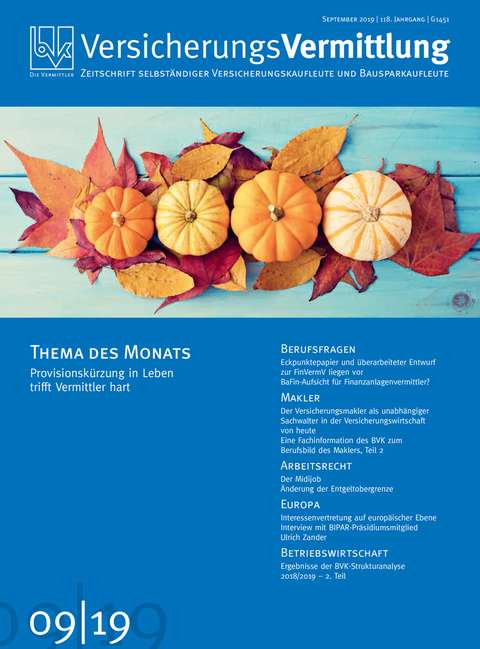 Cover der BVK Mitgliederzeitschrift VersicherungsVermittlung Ausgabe 9 | 2019