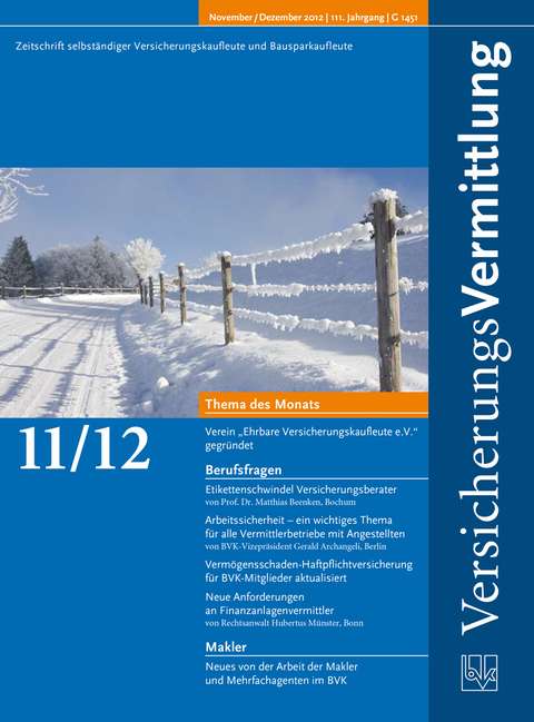 Cover der BVK Mitgliederzeitschrift VersicherungsVermittlung Ausgabe 11/12 | 2012