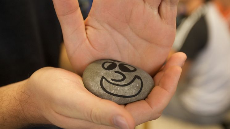 Person hält einen flachen Stein in der Hand, auf den ein lachendes Gesicht gemalt ist