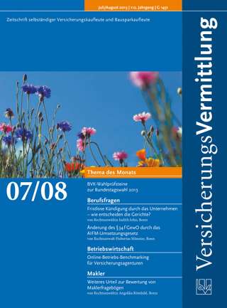Cover der BVK Mitgliederzeitschrift VersicherungsVermittlung Ausgabe Juli/Aug. | 2013