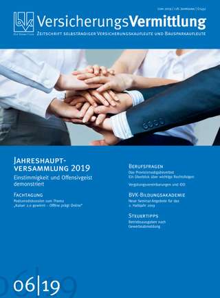 Cover der BVK Mitgliederzeitschrift VersicherungsVermittlung Ausgabe Juni | 2019