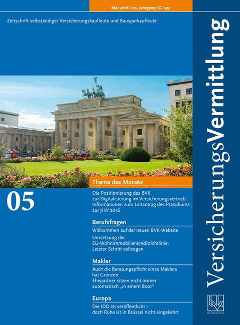 Cover der BVK Mitgliederzeitschrift VersicherungsVermittlung Ausgabe 5 | 2016