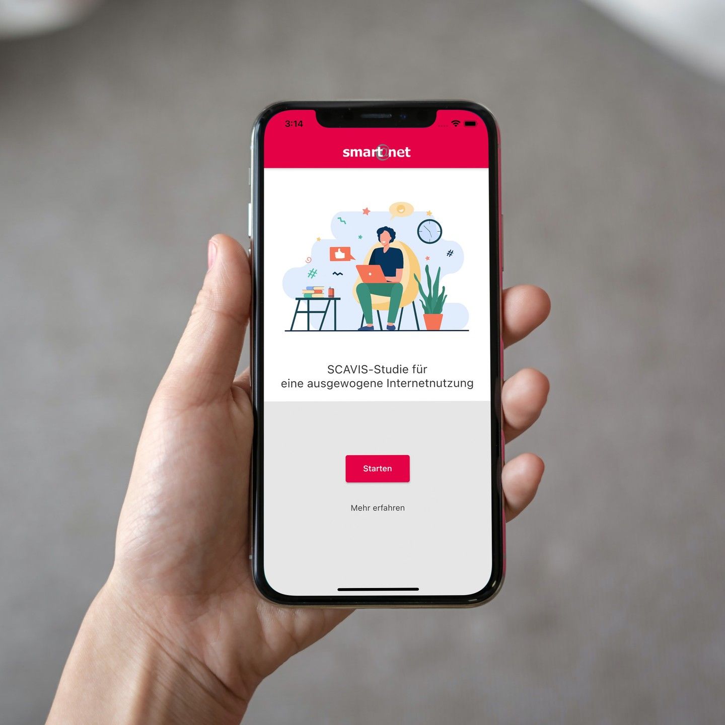 Ansicht der Startseite der App auf einem Smartophone, das in einer Hand gehalten wird.
