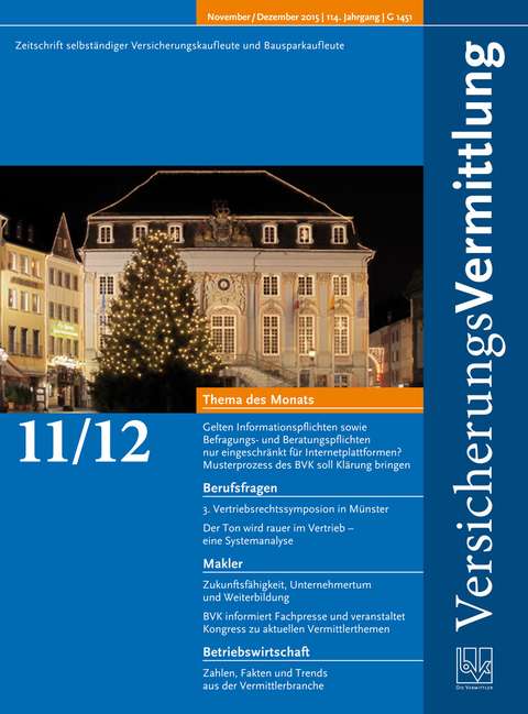 Cover der BVK Mitgliederzeitschrift VersicherungsVermittlung Ausgabe 11/12 | 2015