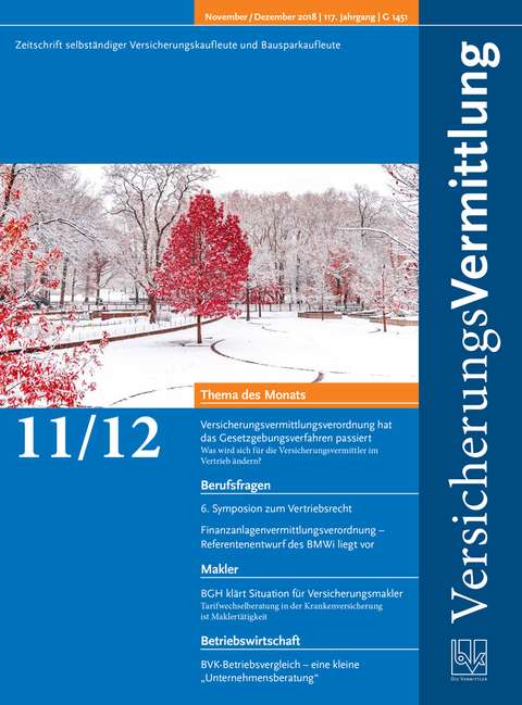 Cover der BVK Mitgliederzeitschrift VersicherungsVermittlung Ausgabe 11/12 | 2018