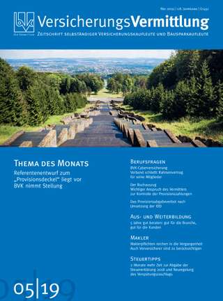Cover der BVK Mitgliederzeitschrift VersicherungsVermittlung Ausgabe Mai | 2019