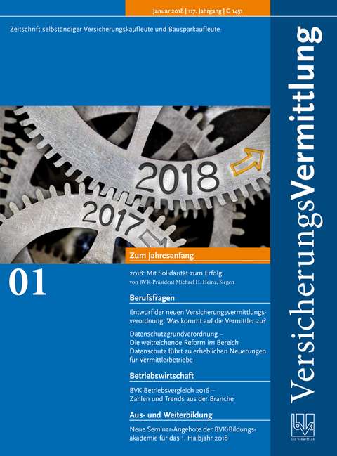 Cover der BVK Mitgliederzeitschrift VersicherungsVermittlung Ausgabe 1 | 2018
