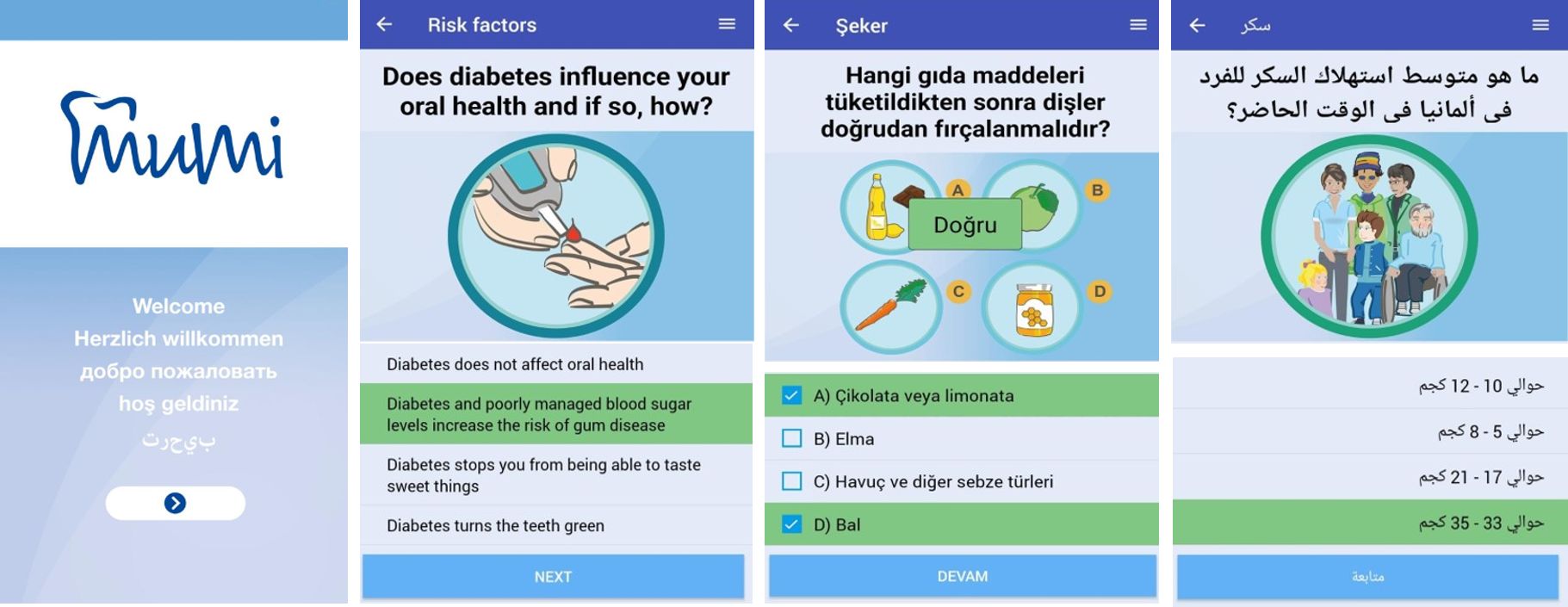 Die vier Screenshots zeigen, dass die App mehrsprachig ist (zumindest Deutsch, Englisch, Türkisch, Arabisch). Sie zeigen außerdem, dass man in der App Fragen beantwortet.
