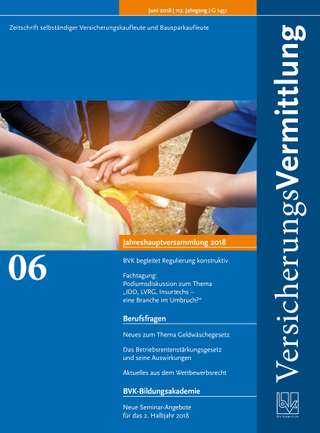 Cover der BVK Mitgliederzeitschrift VersicherungsVermittlung Ausgabe Juni | 2018