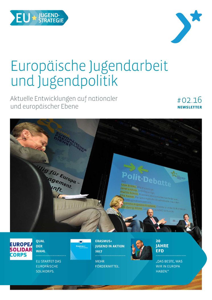 Titel Newsletter EU-Jugendstrategie - Diskussion auf dem Festakt 20 Jahre Europäischer Freiwilligendienst mit Martin Schulz