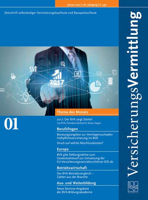 Cover der BVK Mitgliederzeitschrift VersicherungsVermittlung Ausgabe 1 | 2017