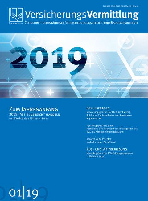 Cover der BVK Mitgliederzeitschrift VersicherungsVermittlung Ausgabe 1 | 2019