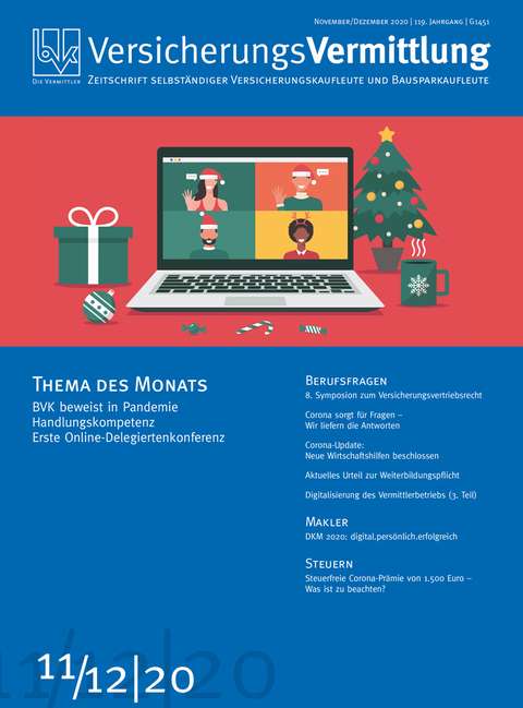 Cover der BVK Mitgliederzeitschrift VersicherungsVermittlung Ausgabe 11/12 | 2020