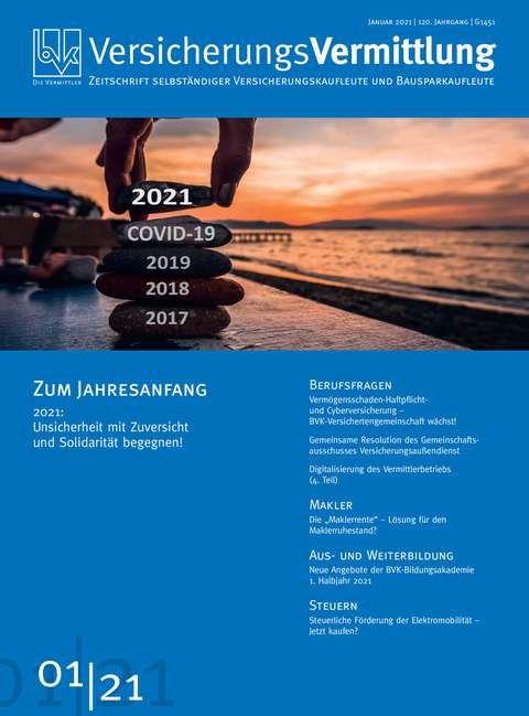 Cover der BVK Mitgliederzeitschrift VersicherungsVermittlung Ausgabe 1 | 2021