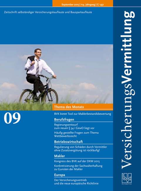 Cover der BVK Mitgliederzeitschrift VersicherungsVermittlung Ausgabe 9 | 2015