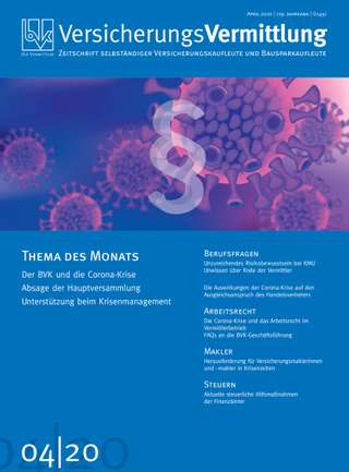 Cover der BVK Mitgliederzeitschrift VersicherungsVermittlung Ausgabe April | 2020