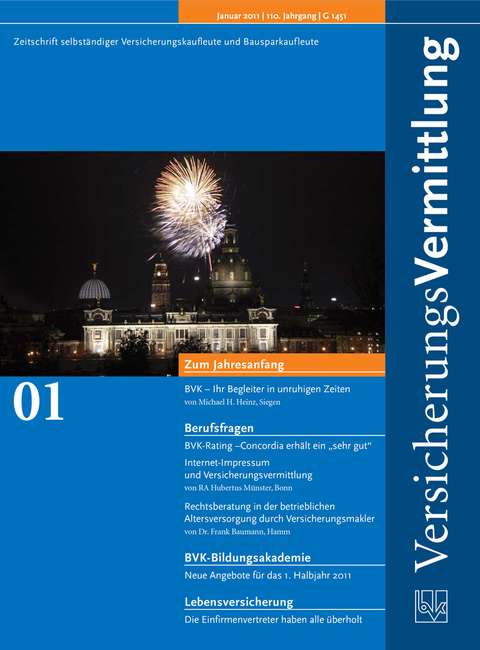 Cover der BVK Mitgliederzeitschrift VersicherungsVermittlung Ausgabe 1 | 2011