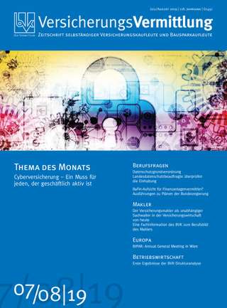 Cover der BVK Mitgliederzeitschrift VersicherungsVermittlung Ausgabe Juli/August | 2019