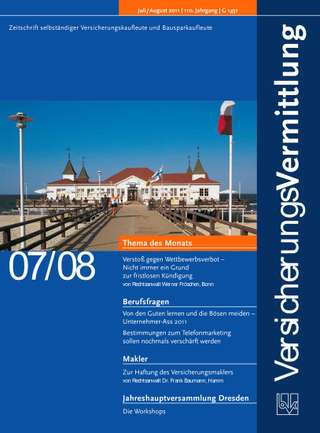 Cover der BVK Mitgliederzeitschrift VersicherungsVermittlung Ausgabe Juli/Aug. | 2011