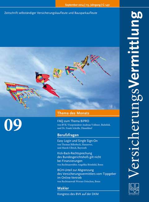 Cover der BVK Mitgliederzeitschrift VersicherungsVermittlung Ausgabe 9 | 2014
