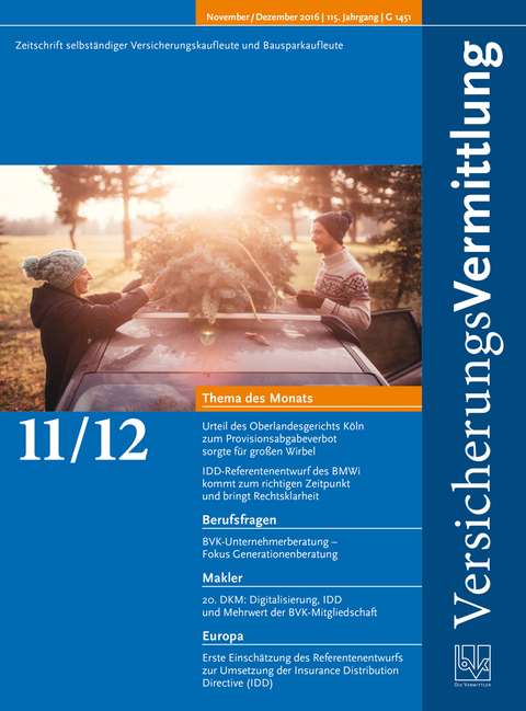 Cover der BVK Mitgliederzeitschrift VersicherungsVermittlung Ausgabe 11/12 | 2016