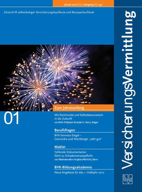 Cover der BVK Mitgliederzeitschrift VersicherungsVermittlung Ausgabe 1 | 2012