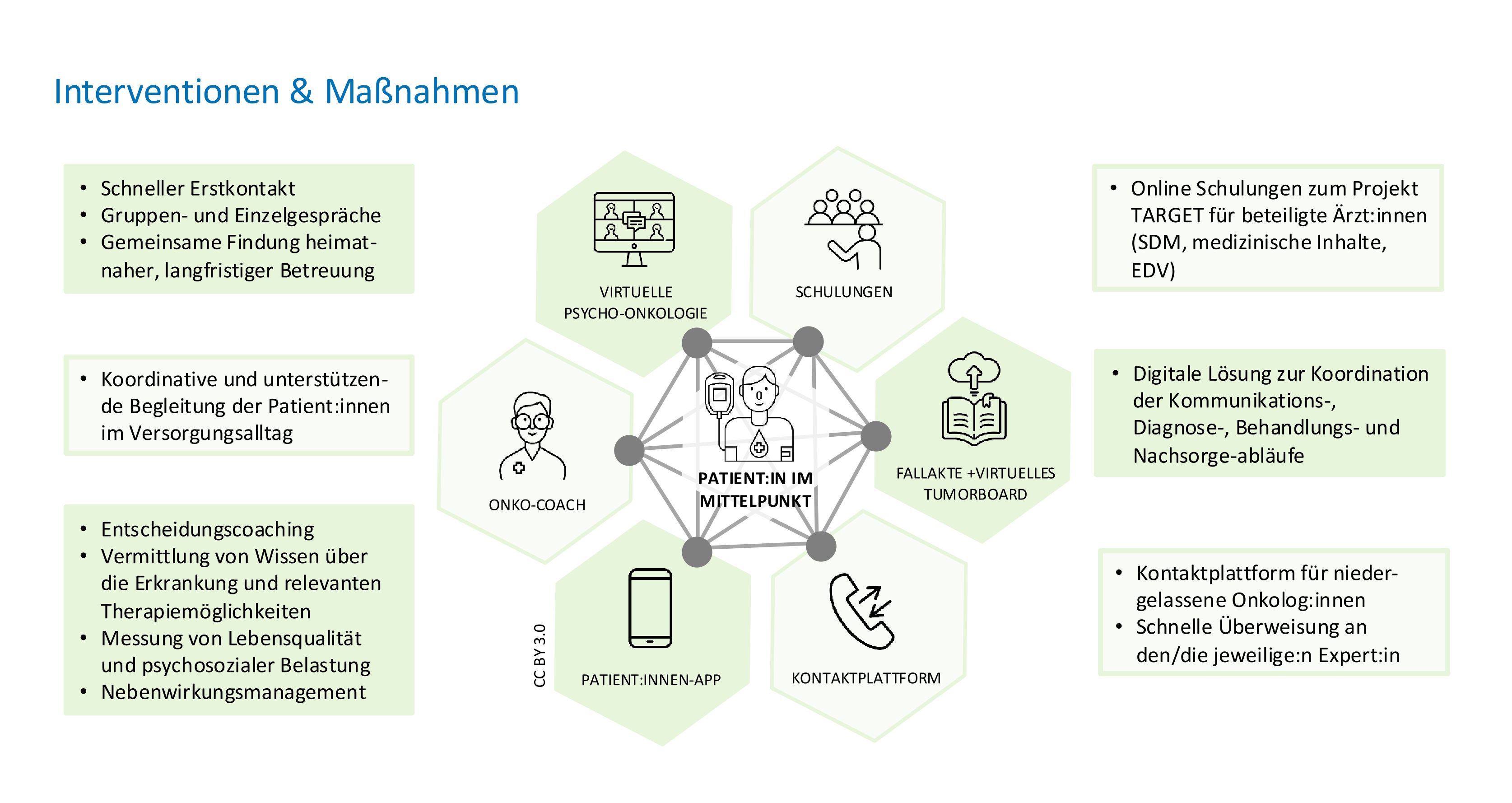 Grafische Darstellung der Interventionen und Maßnahmen des Projekts. Eine ausführliche Beschreibung der Grafik finden Sie unter dem Link, der auf die Grafik folgt.