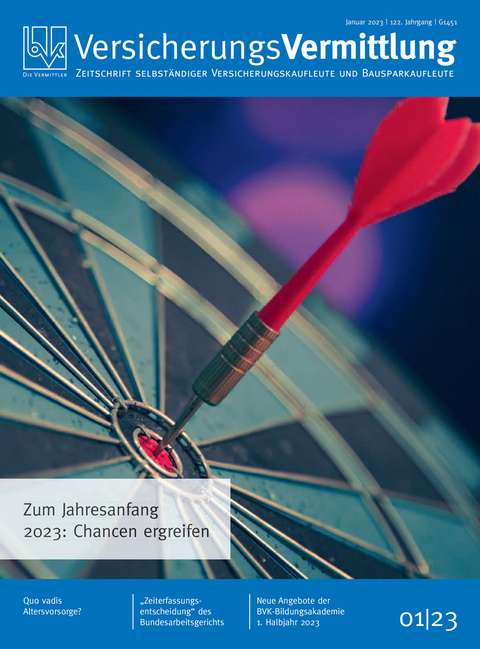 Cover der BVK Mitgliederzeitschrift VersicherungsVermittlung Ausgabe 1 | 2023