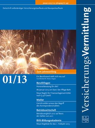 Cover der BVK Mitgliederzeitschrift VersicherungsVermittlung Ausgabe Januar | 2013